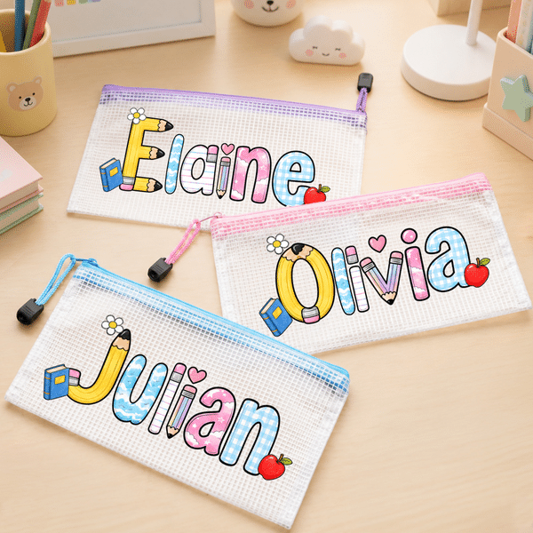 Personalized Colored Apple Letter Elements Waterproof Transparent Mesh Pencil Bag with Name Back to School Birthday Gift for Students Teachers