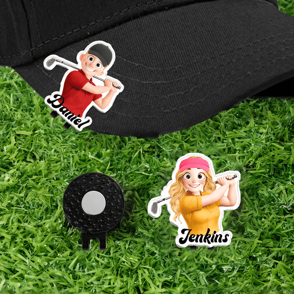 Personalized Cartoon Golf Character Magnetic Golf Ball Marker Hat Clip with Name Birthday Game Day Gift for Golf Lover
