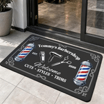Paillasson multicolore personnalisé sur le thème de la coiffure, avec le nom du salon, un slogan et l'année – Accessoire de salon de coiffure – Cadeau d'ouverture pour coiffeur ou barbier