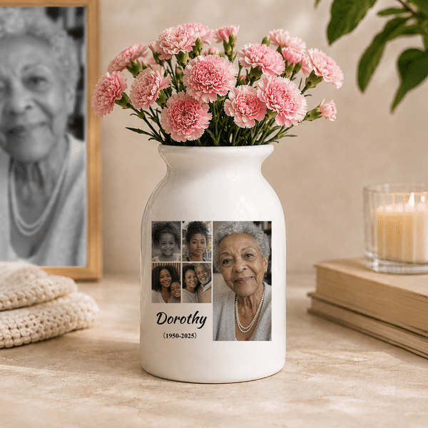 Personalized Colourful Black-White Photo Collage Ceramic Vase with Name and Text Home Decor Sympathy Memorial Gift for Grandma Grandpa