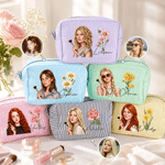 Personalized Semi-Realistic Cartoon Photo & Birth Flower Multicolour Striped Makeup Bag with Name Daily Travel Essential Birthday Gift for Women
