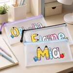 Personalised Coloured Apple Letter Elements Waterproof Transparent Mesh Pencil Bag with Name Back to School Birthday Gift for Students Teachers