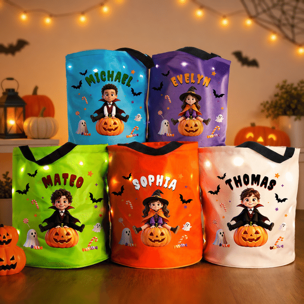 Personalized 3D-Style Art Vampire Witch Photo Bat Ghost LED Light Bucket Bag with Name Halloween Trick or Treat Gift for Boys Girls