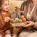Yksilöllinen, hieno puinen lintumies-kurpitsa-vaahteranlehti-figuuri, johon voi kaivertaa 1–6 nimeä ja lempinimeä – Halloween- tai syntymäpäivälahja isovanhemmille