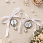 Personalised Retro Round Photo Wedding Bouquet Charm with Text and Heart Pendant Wedding Party Anniversary Memorial Gift for Brides