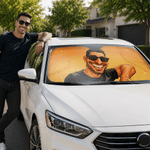Personalized Exaggerated Comic Photo Car Windshield Sunshade with Text Auto Accessories Travel Birthday Vacation Gift for Family Friends Pet Owners
