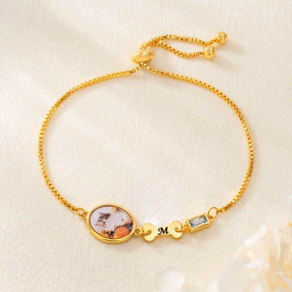 Personalized Cute Pet Photo Bone Paw Birthstone Sterling Silver Adjustable Bracelet with Engraved Name Memorial Birthday Gift for Pet Owners
