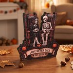 Personalized Rocking Chair Skeleton Couple Love Never Dies Wooden Figurine with Name and Text Halloween Wedding Anniversary Gift for Couple