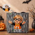 Personalized Cute Halloween Cartoon Character Photo  Reusable Tote Bag with Name Halloween Party Trick or Treat Gift for Boys Girls Halloween Lovers
