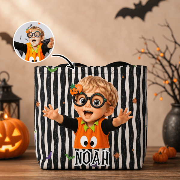 Personalized Cute Halloween Cartoon Character Photo  Reusable Tote Bag with Name Halloween Party Trick or Treat Gift for Boys Girls Halloween Lovers