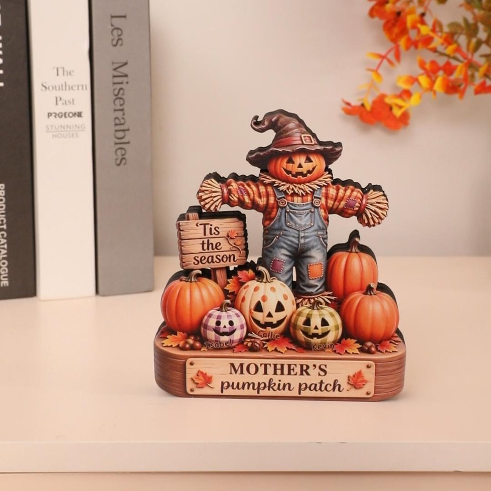 Personlig, utsökt träfigur i form av en fågelskrämma med pumpa och lönnlöv, med namn och smeknamn (1–6) – Halloween- och födelsedagspresent till mor- och farföräldrar 3