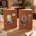 Personalised Cartoon Reading Character Birth Flower Faux Leather Journal Notebook with Name Birthday Gift for Bookworms Book Lovers