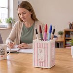 Personalized Multicolour Birth Flower Building Block Pen Holder with Text Title and Surname Desk Decor Back to School Birthday Gift for Teacher