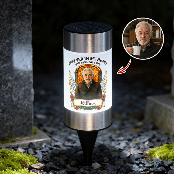 Personalised Forever in My Hearts Stained Glass Style Photo Solar LED Light with Name and Year Garden Garden Decor Sympathy Gift for Loss of Loved One