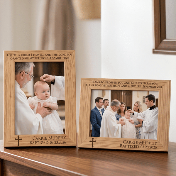 Personalized Cross Baptism Photo Wooden Photo Frame with Engraved Text and Name Baptism Keepsake Gift for Christian Newborn Godchild