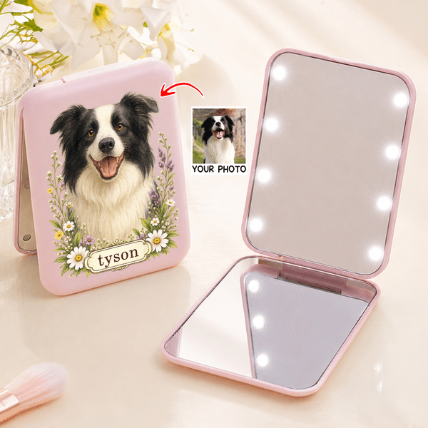 Personalized Watercolor Photo Double-Sided Makeup Mirror with Name and LED Light Birthday Gift for Pet Lovers