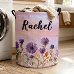 Personalized Watercolor 3D-Effect Artwork Birth Flower Storage Laundry Basket with Name and Handles Birthday Anniversary Christmas Gift for Woman