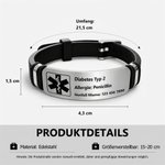 Personalisiertes Silikon Notfallarmband mit Textgravur | Medizinisches SOS Armband | Schutzengel Geschenk für Patienten Diabetiker & Autisten