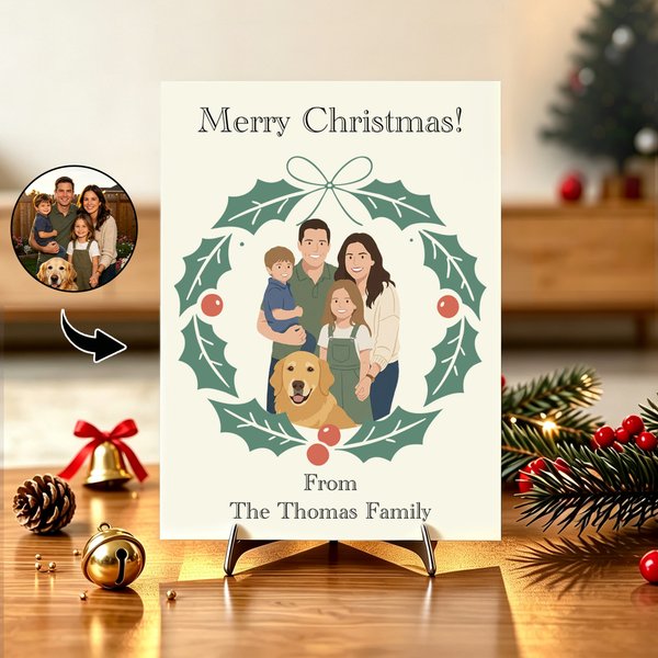 Personalized Minimalist Flat Style Family Portrait Holly Wreath Greeting Card with Title and Text Christmas Gift for Family Friends