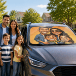 Personalized Exaggerated Comic Photo Car Windshield Sunshade with Text Auto Accessories Travel Birthday Vacation Gift for Family Friends Pet Owners