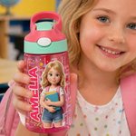 Personalized 3D-Style Design Cartoon Photo 16 oz Kid Water Bottle with Name and Silicone Straw Back to School Birthday Gift for Boys Girls