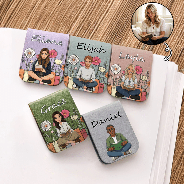 Personalised Cartoon Character Magnetic PU Leather Bookmark Clip with Photo and Name Back to School Birthday Gift for Book Lover Educator