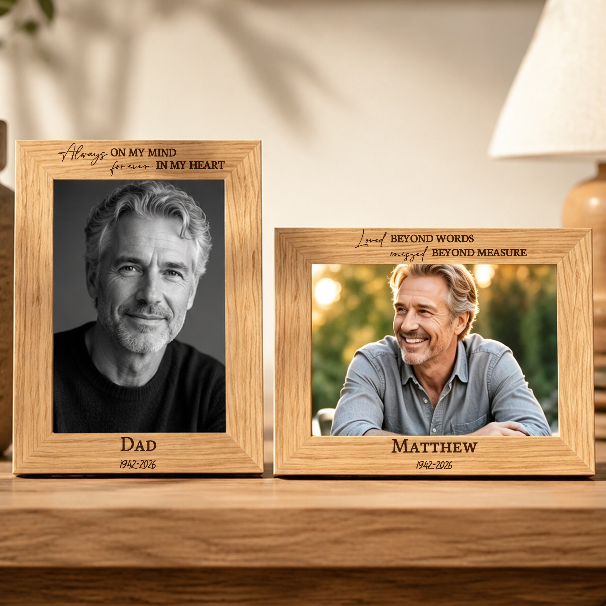Personalisierter Holz-Fotorahmen „In liebevoller Erinnerung“ mit eingraviertem Text und Namen – Wohnaccessoire, Beileidsgeschenk und Andenken für Familie und Freunde