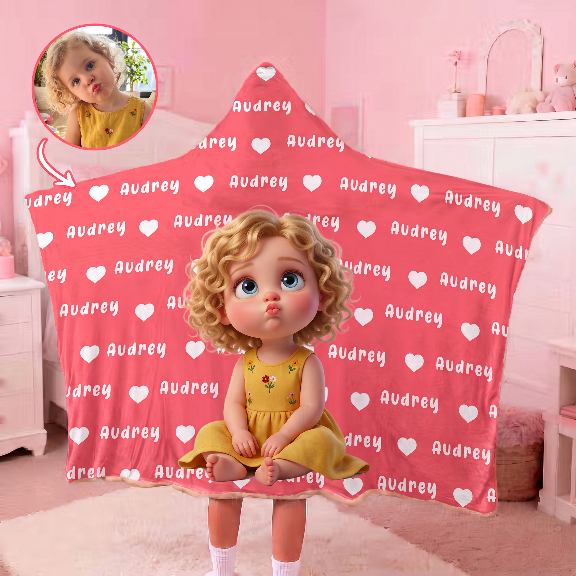 Individuell gestaltete, mehrfarbige Kuscheldecke mit Kapuze und 3D-Effekt im Cartoon-Stil mit Figuren und Namenszug – Dekoration für das Kinderzimmer, Geschenk zum Jubiläum oder Geburtstag für Kinder