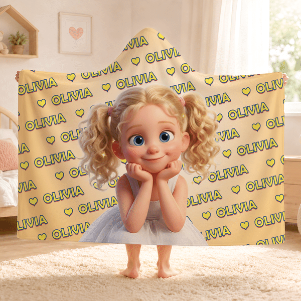 Personalized Multicolor Heart Cartoon 3D-Effect Artwork Character Soft Hooded Blanket with Name Anniversary Birthday Christmas Gift for Family Kid