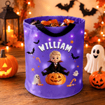 Personalized 3D-Style Art Vampire Witch Photo Bat Ghost LED Light Bucket Bag with Name Halloween Trick or Treat Gift for Boys Girls