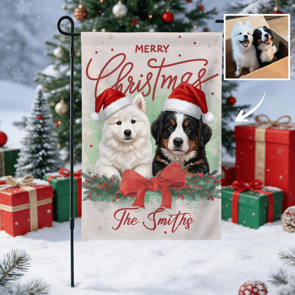 Personalised Christmas Hat Pet Photo Bow Holly Garden Flag with Family Name Garden Decor Christmas Gift for Gardening Lovers Pet Lovers