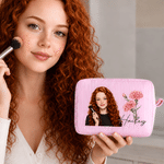 Personalized Semi-Realistic Cartoon Photo & Birth Flower Multicolour Striped Makeup Bag with Name Daily Travel Essential Birthday Gift for Women