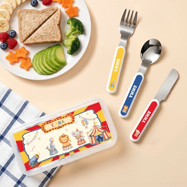Personalised Colourful Circus Animals Pattern Fork Spoon Knife 3 Pcs Cutlery Set with Name and Case Daily Use Back to School Birthday Gift for Kid