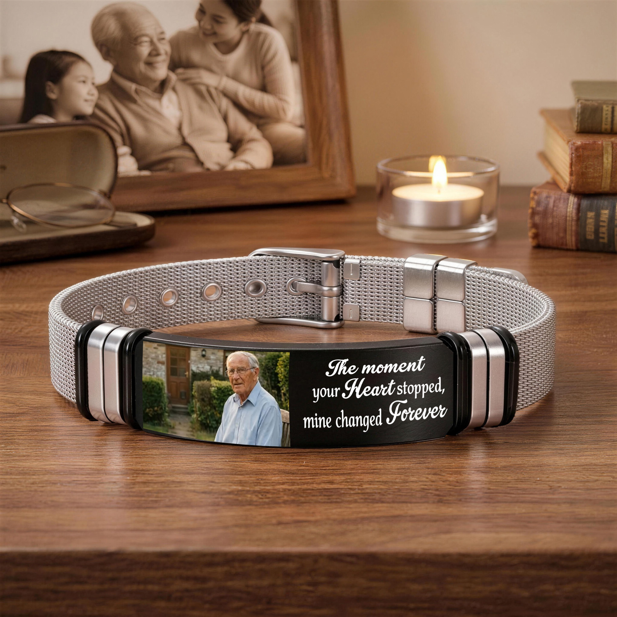 Personalised Memorial Photo Bracelet Adjustable with Engraved Text Remembrance Sympathy Anniversary Gift for Family Friend