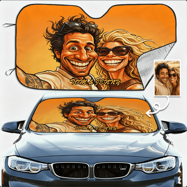 Personalized Exaggerated Comic Photo Car Windshield Sunshade with Text Auto Accessories Travel Birthday Vacation Gift for Family Friends Pet Owners