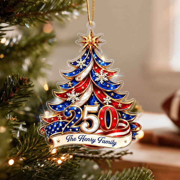 Personalized 250th America Star Snowflake Acrylic Christmas Tree Ornament with Name Hanging Decoration Christmas Gift for Family Friend