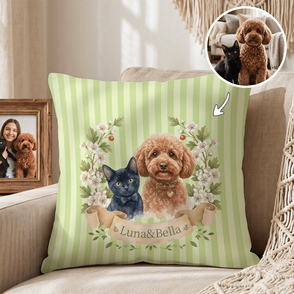 Personalized Watercolor Style Birth Flower Pet Photo Soft Throw Pillow Cover with Name Room Decor Birthday Anniversary Gift for Pet Owners