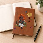 Personalised Cartoon Reading Character Birth Flower Faux Leather Journal Notebook with Name Birthday Gift for Bookworms Book Lovers