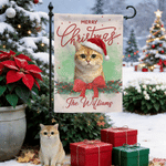Personalised Christmas Hat Pet Photo Bow Holly Garden Flag with Family Name Garden Decor Christmas Gift for Gardening Lovers Pet Lovers