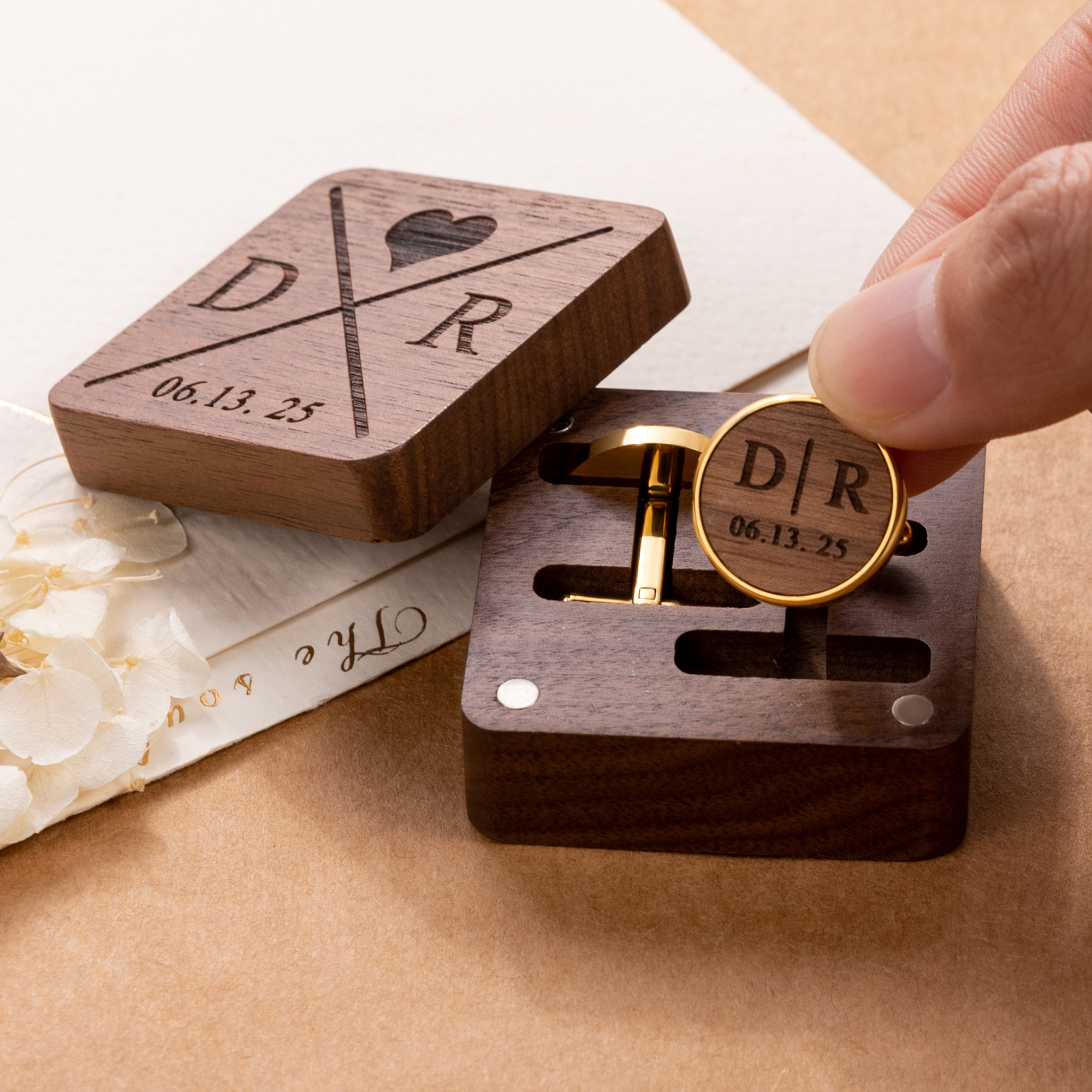 Personalised Set of 2 Cufflinks Engraved Initials Name with Date and Wooden Box Wedding Gift For Groomsmen