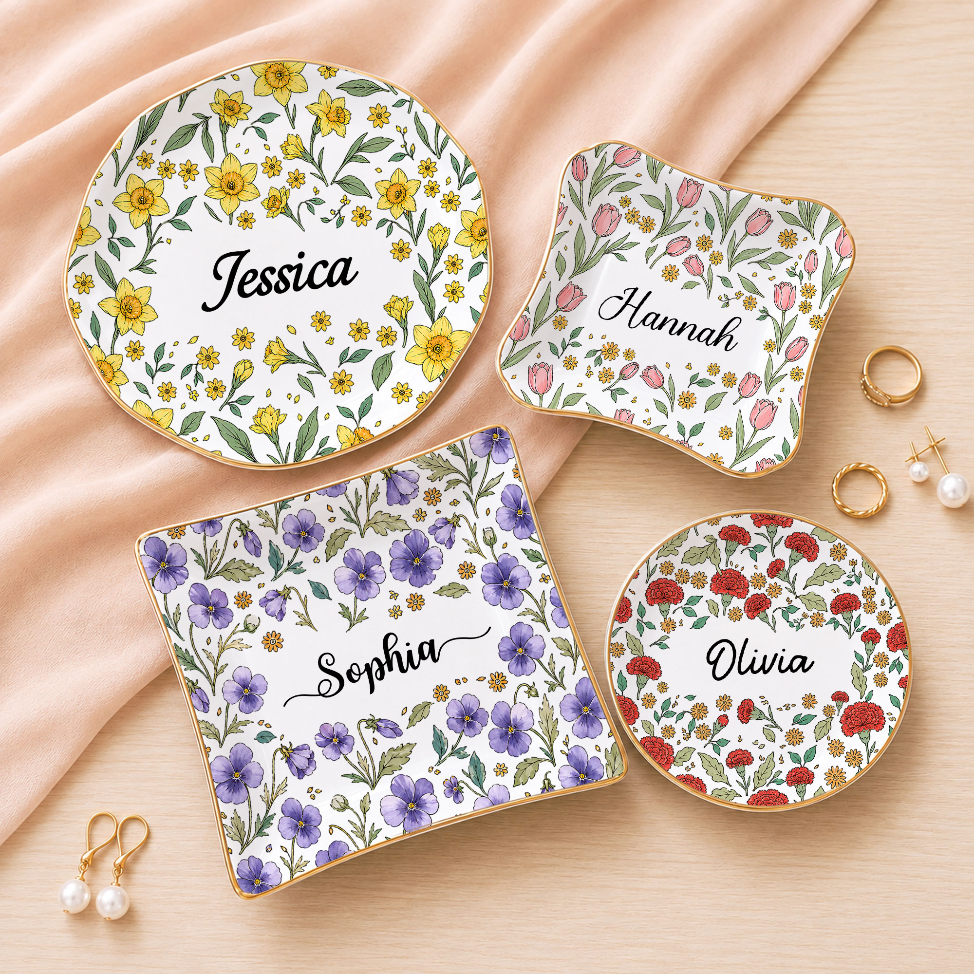 Personalisierte Keramikschale für Schmuckstücke mit Aquarellmotiv und Geburtsblume sowie Namenszug – Wohnaccessoire und Geburtstagsgeschenk für Mama, Frau oder Freundin