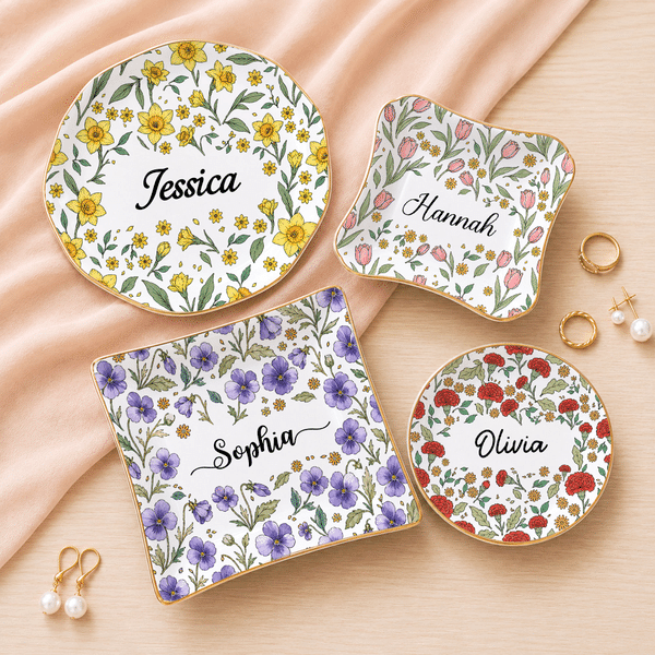 Personalised Watercolor Birth Flower Ceramic Trinket Jewellery Dish with Name Home Decor Birthday Gift for Mum Woman Friend
