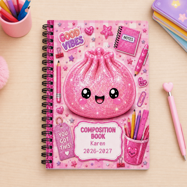 Personalised Glitter Steamed Bun A5 Spiral Journal Notebook with 60 Lined Sheets and Text Daily Use Back to School Birthday Gift for Teachers Girls