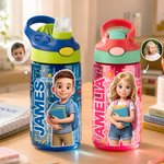 Personalized 3D-Style Design Cartoon Photo 16 oz Kid Water Bottle with Name and Silicone Straw Back to School Birthday Gift for Boys Girls