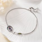 Personalized Cute Pet Photo Bone Paw Birthstone Sterling Silver Adjustable Bracelet with Engraved Name Memorial Birthday Gift for Pet Owners
