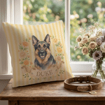 Funda de cojín mullida personalizada con diseño de acuarela, con la flor del mes de nacimiento y la foto de tu mascota, con su nombre; decoración para el hogar; regalo de cumpleaños o aniversario para