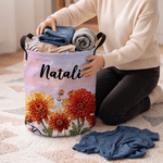 Personalized Watercolor 3D-Effect Artwork Birth Flower Storage Laundry Basket with Name and Handles Birthday Anniversary Christmas Gift for Woman
