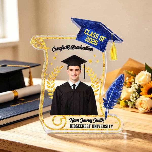 Personalized Scroll Shape Photo Acrylic Ornament with Blessings Year Name and School Name Desk Decor Graduation Anniversary Gift for Graduate Student