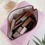Personalized Semi-Realistic Cartoon Photo & Birth Flower Multicolour Striped Makeup Bag with Name Daily Travel Essential Birthday Gift for Women