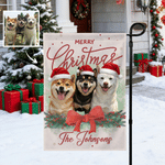 Personalised Christmas Hat Pet Photo Bow Holly Garden Flag with Family Name Garden Decor Christmas Gift for Gardening Lovers Pet Lovers
